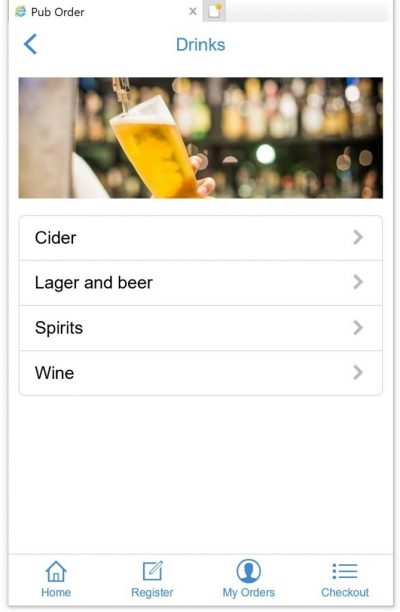 pub order - drinks menu